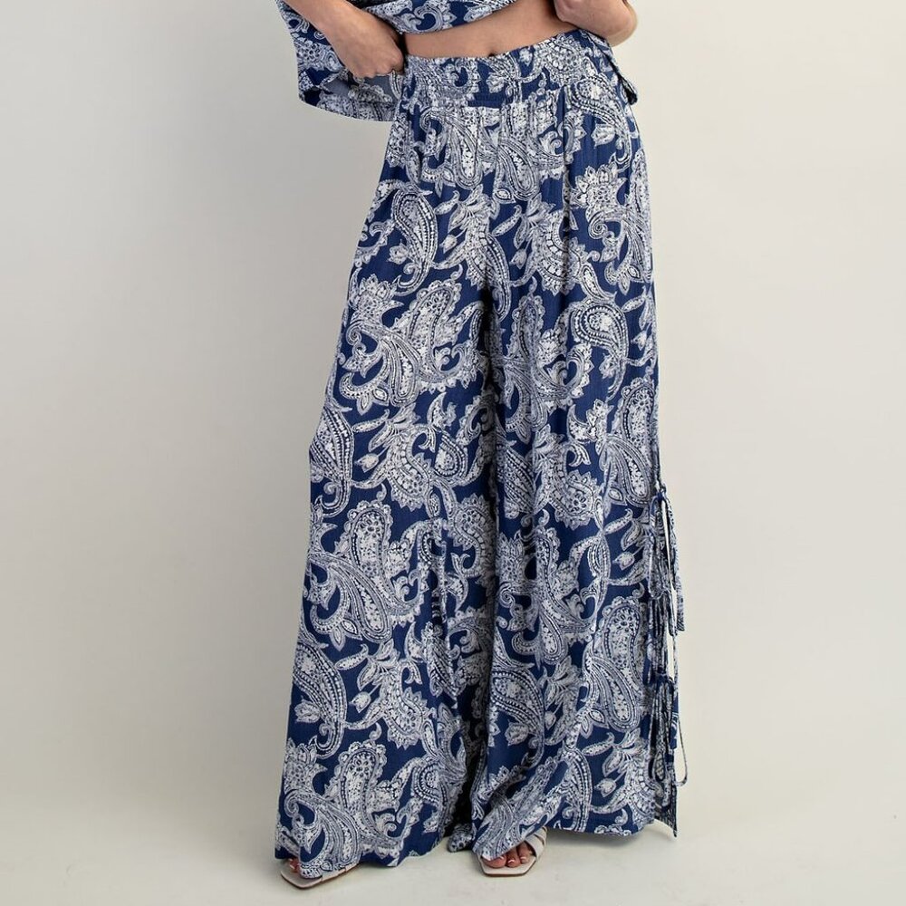 NWT ee:some Paisley Printed Side Tie Wide Leg Pants - Indigo